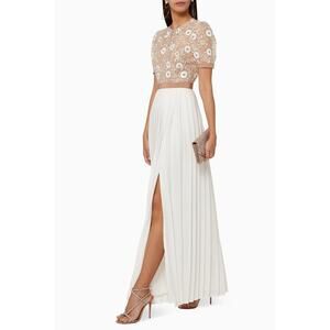 Self-Portrait Flower Sequin Pleated Maxi Dress White Nude Mesh Evening US 4